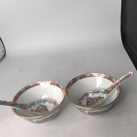 2 vintage rose Canton soup/rice bowls with spoons - Picture 2 of 8
